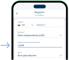 En la sección de «código promocional», escribe 1xLTM - Apuestas Deportivas 1xbet